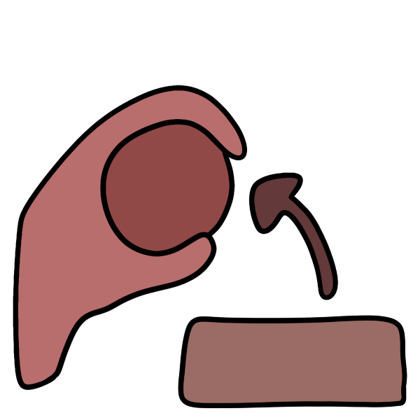 pink hand shape holding red lump hovers above and to left of horizontal light red rectangle. An arrow points up from the rectangle towards the hand.